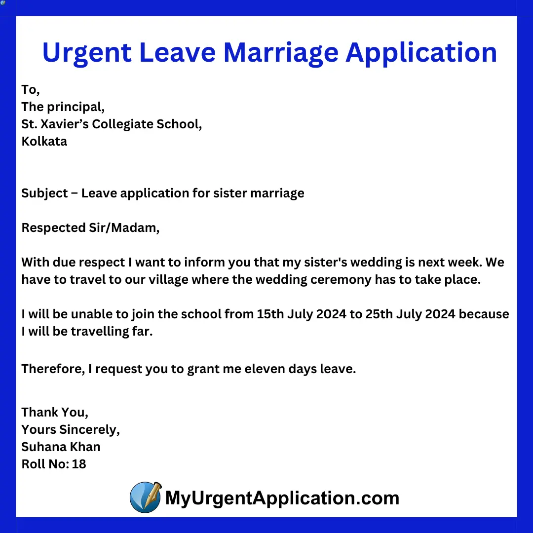 Leave application for sister’s marriage 2025